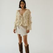Handknit Cotton Cardigan: White V-neck Jacket With Embroidered Flowers