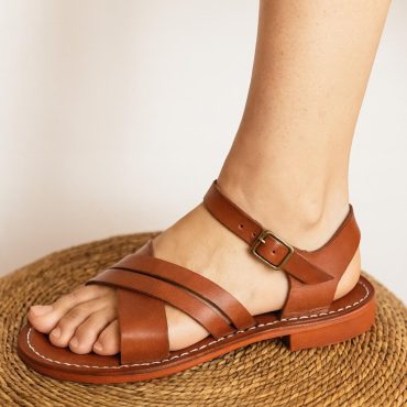 Handmade Moroccan Brown Leather Sandals – Cross Strap Flat Slides Women