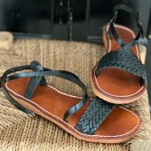 Black Braided Moroccan Leather Sandals – Handmade Flat Straps – Custom Fit