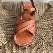 Handmade Moroccan Brown Leather Sandals – Cross Strap Flat Slides Women