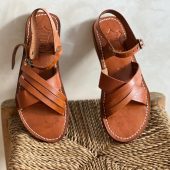 Handmade Moroccan Brown Leather Sandals – Cross Strap Flat Slides Women